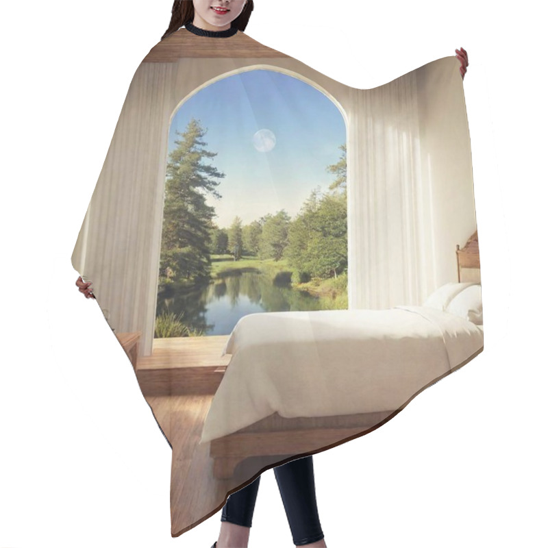 Personality  A Beautiful Majestic Outside Bed Room In A Tolkien Elvish Lord Of The Rings World. It Makes Our Heart Warm With Beautiful Surrounding. There Is A River Or A Pond Nearby. With A Huge Afternoon Moon Clearly Visible. Hair Cutting Cape