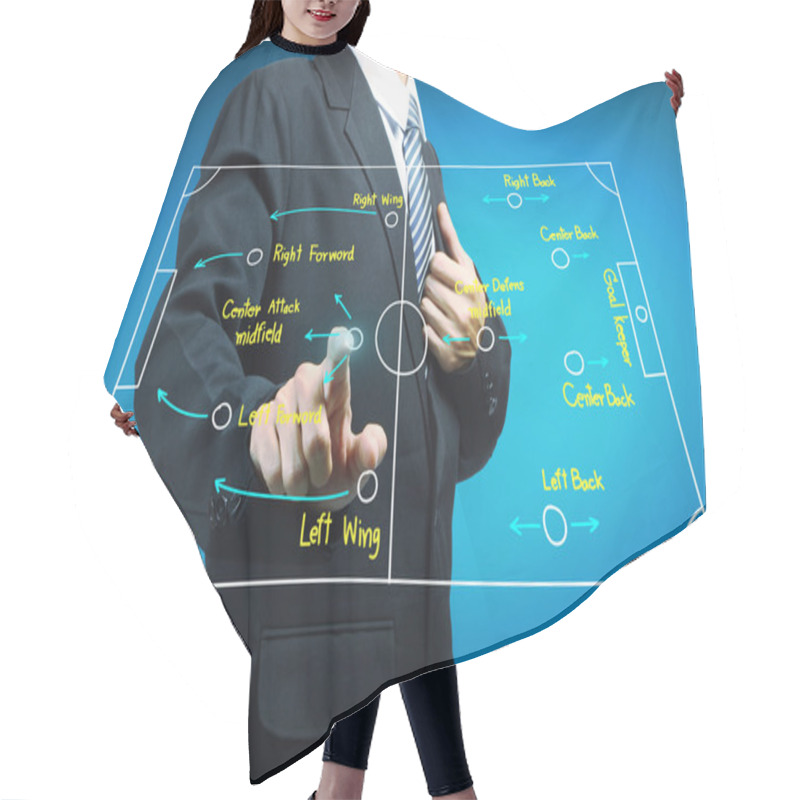 Personality  Plan Of Soccer Manager Pointing To Strategy Tactical Board Hair Cutting Cape