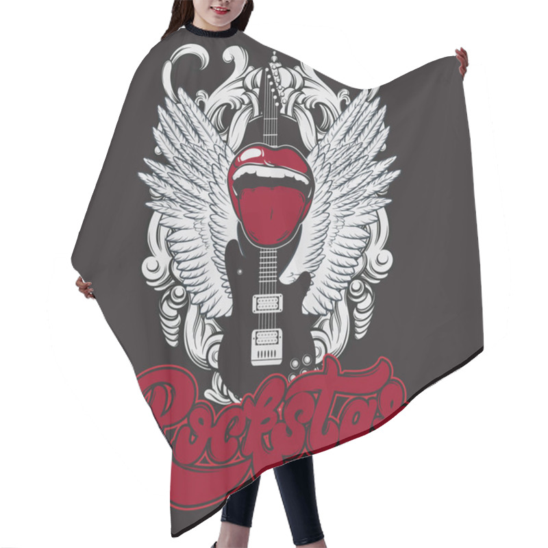 Personality  Rockstar. Handwritten Lettering. Vector Hand Drawn Illustration Of Guitar , Mouth, Wings And Frame . Tattoo Artwork.  Template For Card, Poster, Banner, Print For T-shirt, Label. Hair Cutting Cape