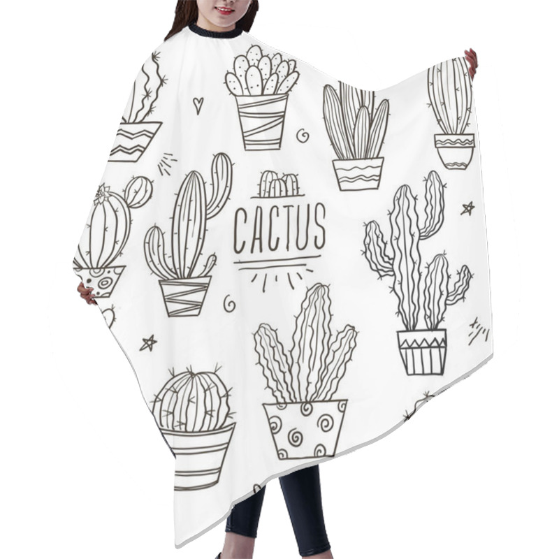 Personality  Cute Cactus And Succulents Collection With Doodle Outline Illustrations. Botanical Set With Different Cacti Hair Cutting Cape