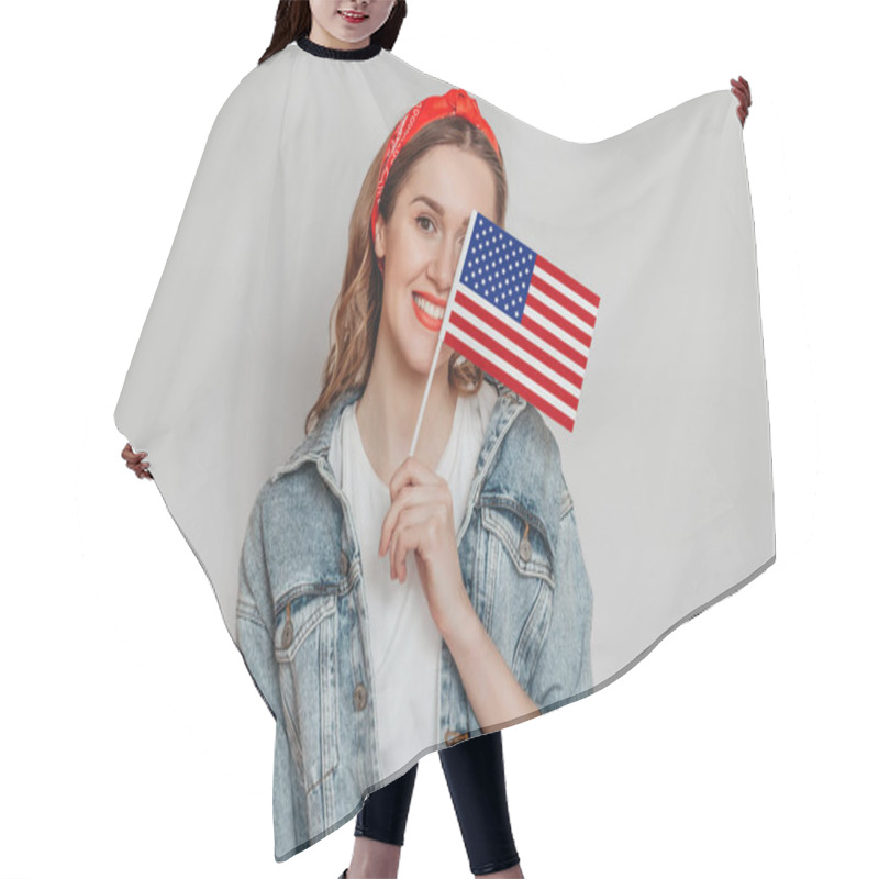 Personality  Happy Young Girl Student With Red Lipstick Holds A Small American Flag And Smiles Isolated Over Grey Background, Girl Holding USA Flag, 4th Of July Independence Day, Copy Space Hair Cutting Cape