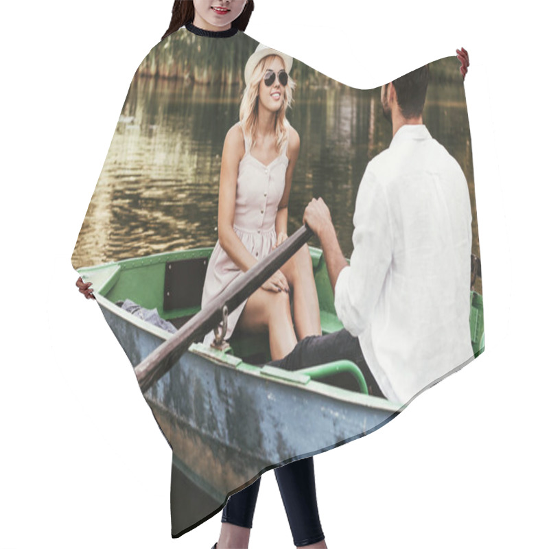 Personality  Smiling Girl In Sundress And Sunglasses Looking At Boating Boyfriend  Hair Cutting Cape