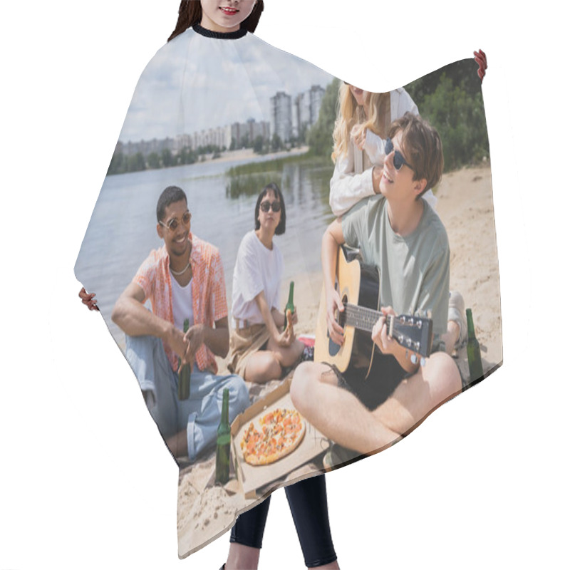 Personality  Man In Sunglasses Playing Guitar During Beach Party With Interracial Friends Hair Cutting Cape