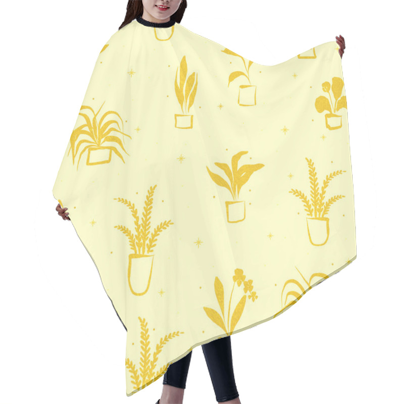 Personality  A Vibrant Yellow Backdrop Displays An Array Of Uniquely Illustrated Houseplants In Minimalist Pots. The Lively Pattern Reflects A Warm And Inviting Atmosphere. Hair Cutting Cape