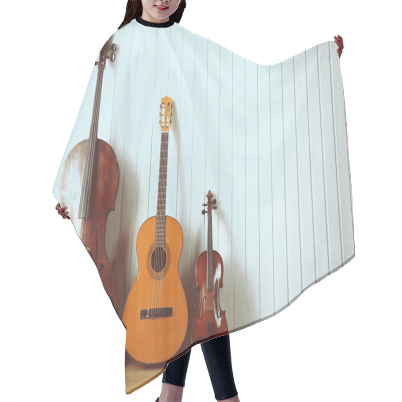 Personality  Musical Instruments On Wooden Planks Background Hair Cutting Cape