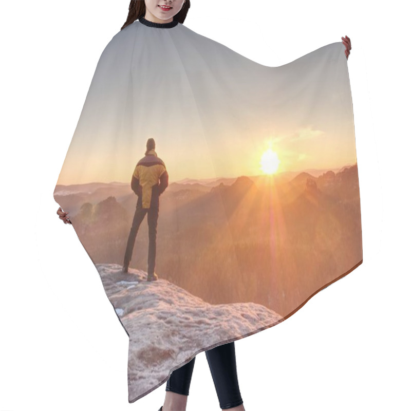 Personality  Adventurer Stands On The Cliff And Looks Into Amazing Sunny Day Awaiking In The Mountains. Hair Cutting Cape