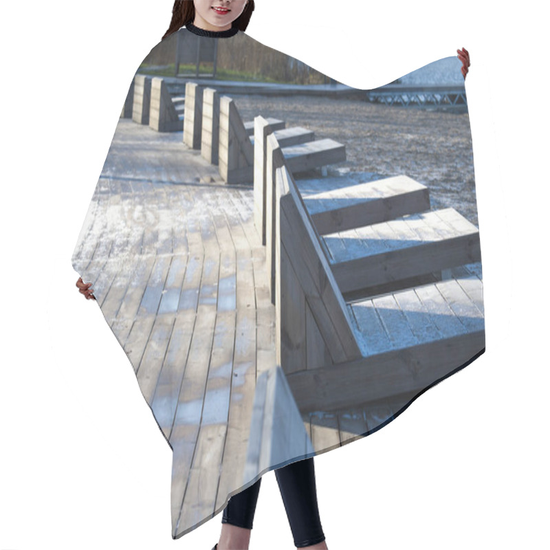 Personality  Wooden Loungers Covered With Frost On A Beach Boardwalk During A Cold Winter Morning. The Empty Setting Suggests Tranquility And Solitude, With The Texture Of Frost Creating A Serene Atmosphere. Hair Cutting Cape