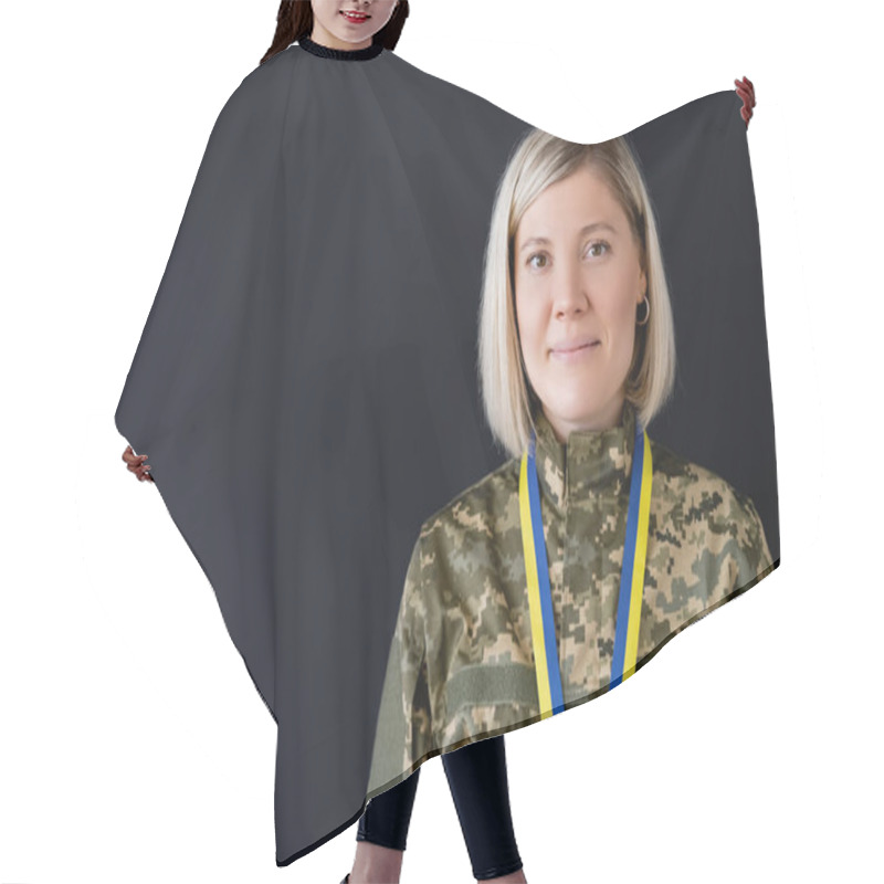 Personality  Positive Military Woman With Blue And Yellow Ribbon Looking At Camera Isolated On Black Hair Cutting Cape