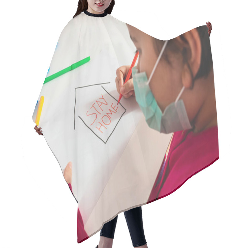 Personality  Little Young Girl With Stay Home Draw. Coronavirus Quaranatine Concept Hair Cutting Cape