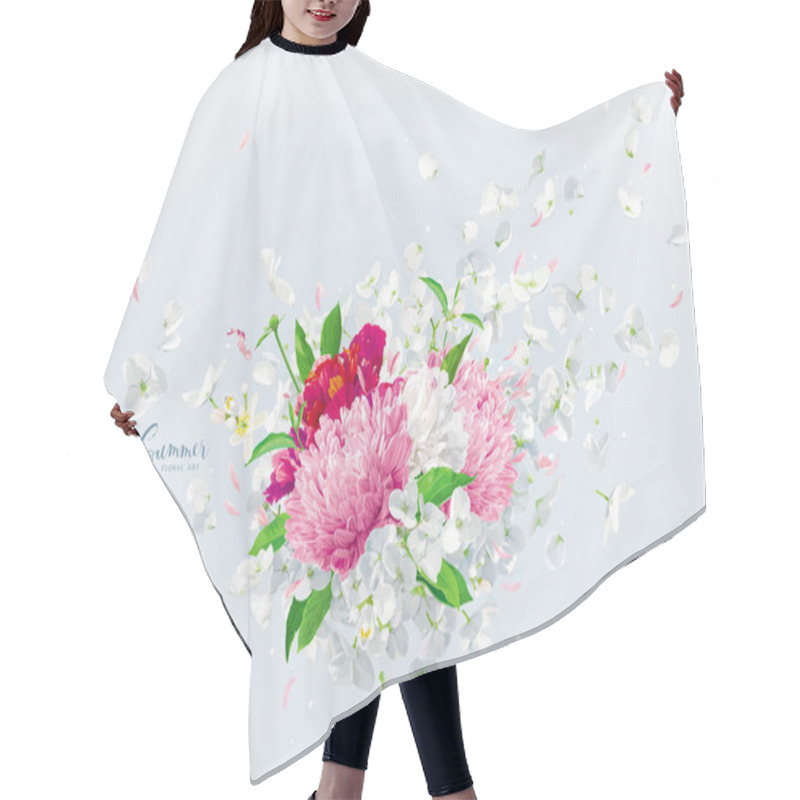 Personality  Summer Wind - Luxurious White Vector Hydrangea Flower,  Apple Blossom, Pink Chrysanthemums With Flying Petals In Watercolor Style For 8 March, Wedding, Valentine's Day,  Mother's Day, Seasonal  Sales Hair Cutting Cape