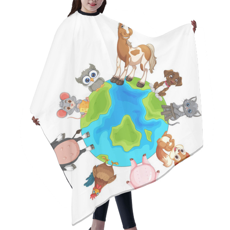 Personality  Cute Animals Gathered Around A Cartoon Earth Hair Cutting Cape