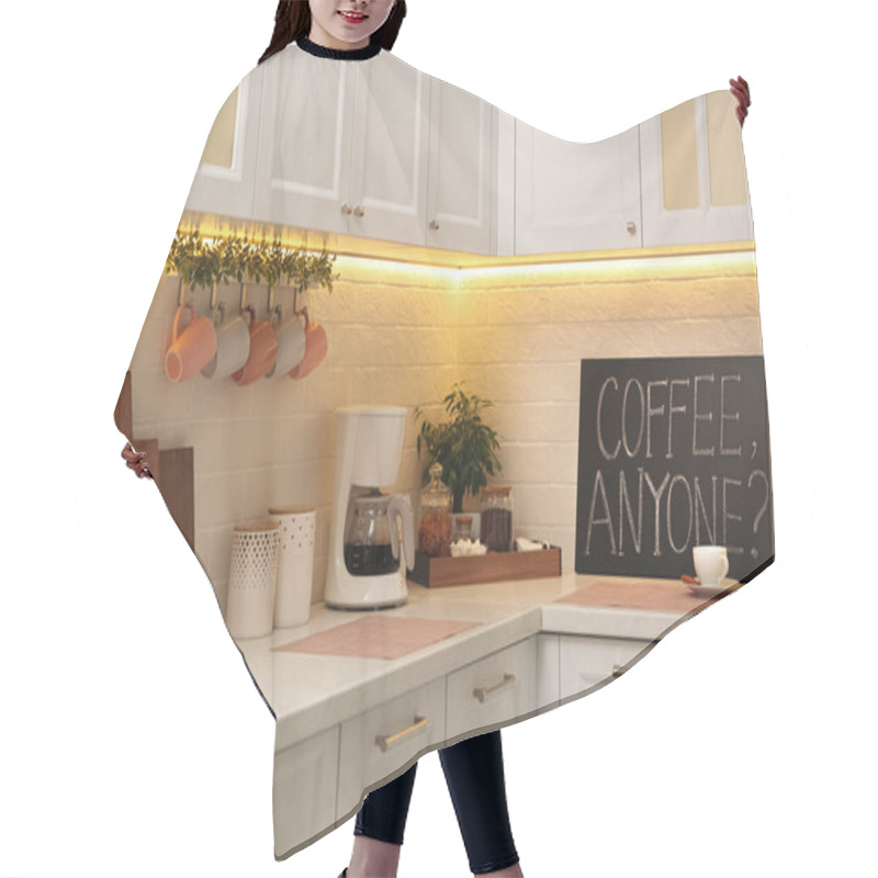 Personality  Stylish Kitchen Interior With Modern Coffeemaker On Countertop Hair Cutting Cape