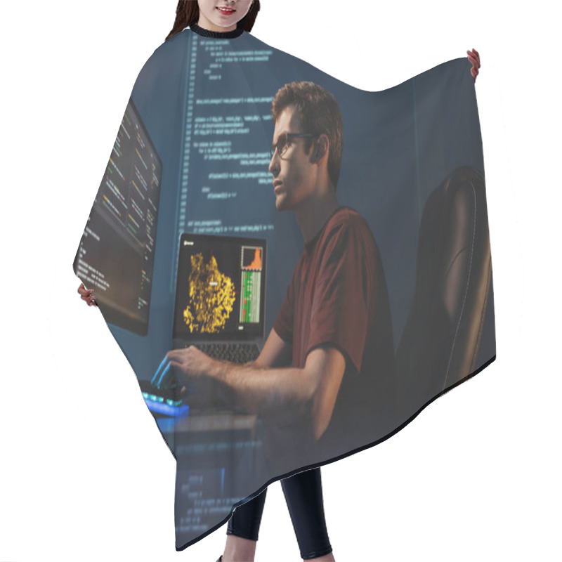 Personality  Freelancer Program Developer Working On New App Software, Checking Coding In Bugging System, Sitting In Comfortable Chair, Typing In Front Of Pc, Isolated On Digital Wall With Code Hair Cutting Cape