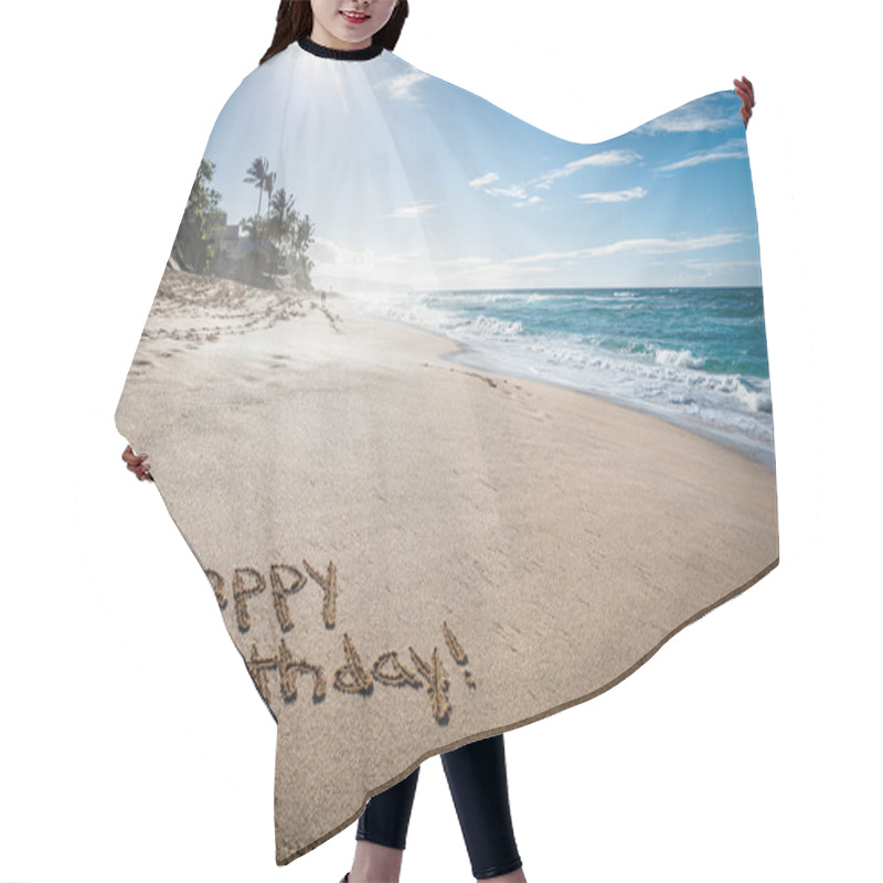 Personality  Happy Birthday Written In The Sand On Sunset Beach In Hawaii With Palm Trees And The Ocean In The Background Hair Cutting Cape