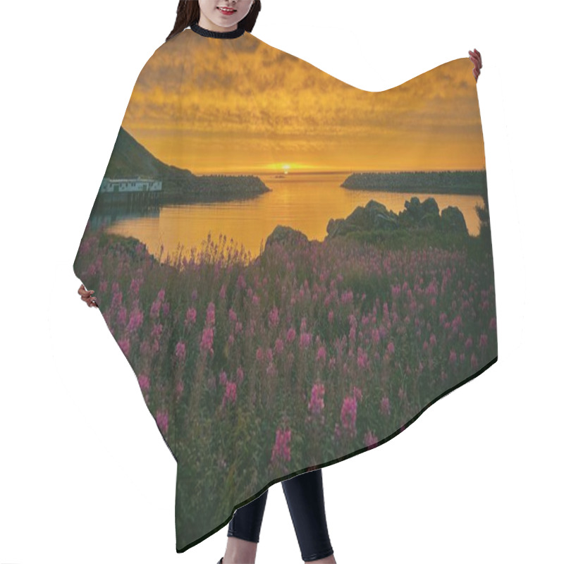 Personality  Vibrant Sunset Over A Tranquil Bay With Wildflowers In The Foreground. Hair Cutting Cape