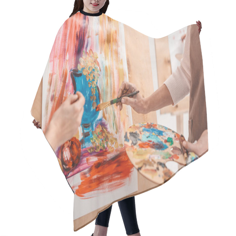 Personality  Cropped Shot Of Artists With Palette Painting Still Life On Easel Hair Cutting Cape