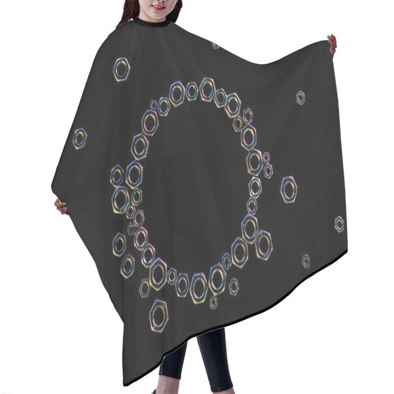 Personality  Top View Of Circle Of Scattered Metal Nuts Isolated On Black Hair Cutting Cape