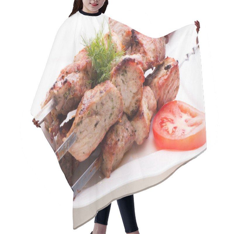 Personality  Pieces Of Fresh Fried Meat On Skewers, Laying On A White Plate Hair Cutting Cape