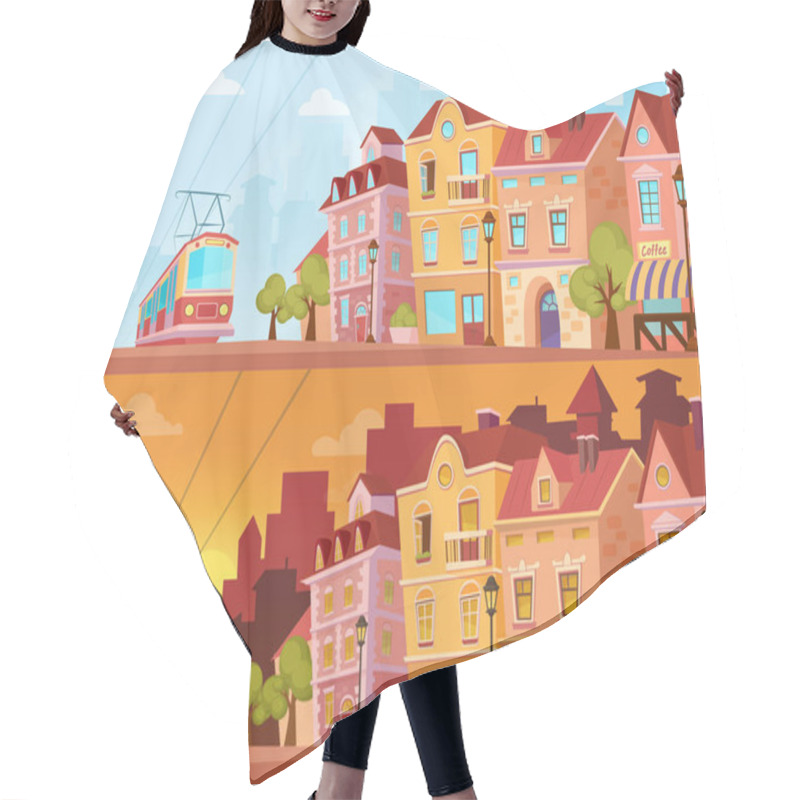 Personality  Historical City Street In Sunset, Sunrise And Sunny Day. Old City Urban Area With Tram. Cartoon Vector Illustration Hair Cutting Cape