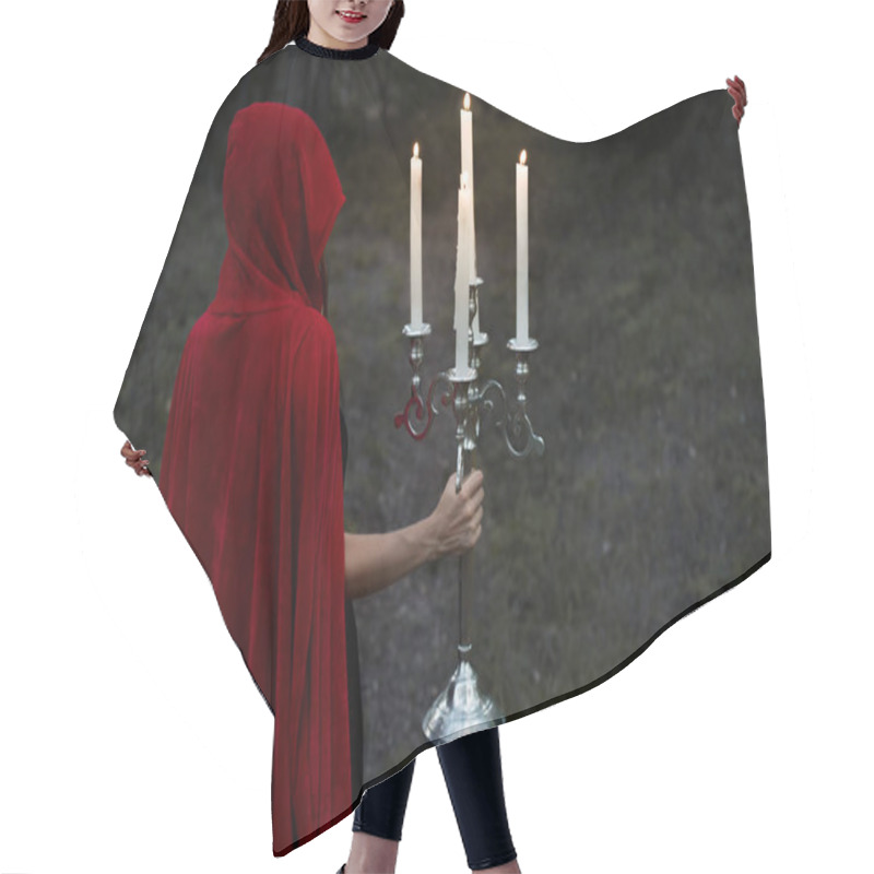 Personality  Mystic Girl In Red Cloak Holding Candelabrum With Flaming Candles In Dark Woods Hair Cutting Cape