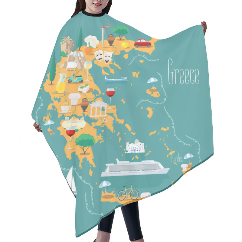 Personality  Map Of Greece With Islands  Vector Illustration, Design. Icons With Greek Landmarks, Acropolis And Food. Explore Greece Concept Image Hair Cutting Cape