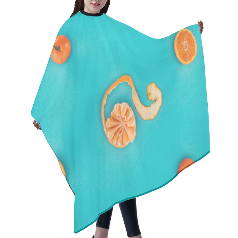 Personality  Flat Lay With Ripe Mandarins And Orange Pieces Isolated On Blue Hair Cutting Cape