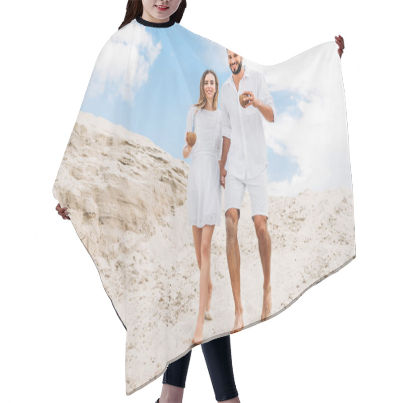 Personality  Happy Young Couple In White With Coconut Cocktails Walking On Sandy Dunes Hair Cutting Cape