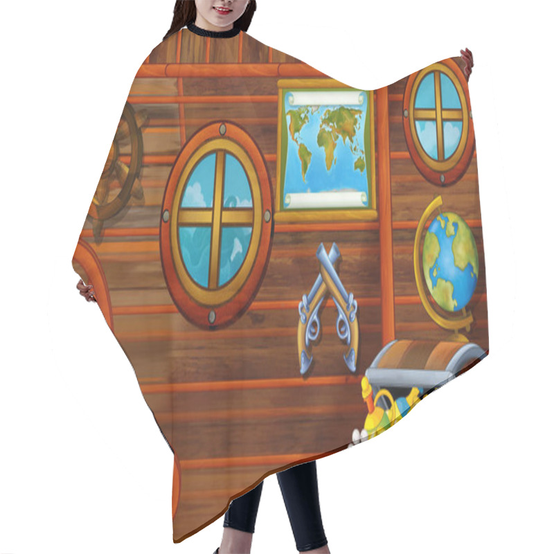 Personality  Cartoon Scene With Pirate Ship Cabin Interior With Treasure Sailing Through The Seas - Illustration For Children Hair Cutting Cape