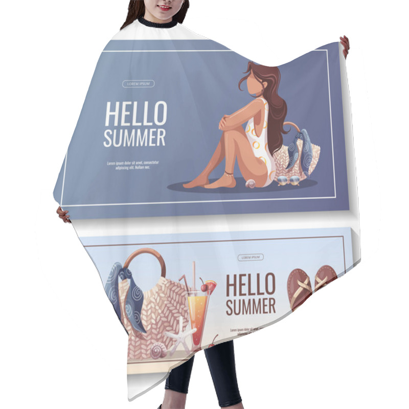 Personality  Set Of Summer Banners. Woman In Swimsuit. Sandals, Rattan Bag, Seashells, Cocktail. Beach Holidays, Summer Vacation, Sale Concept. Vector Illustration. Poster, Banner, Advertising, Flyer, Sale. Hair Cutting Cape