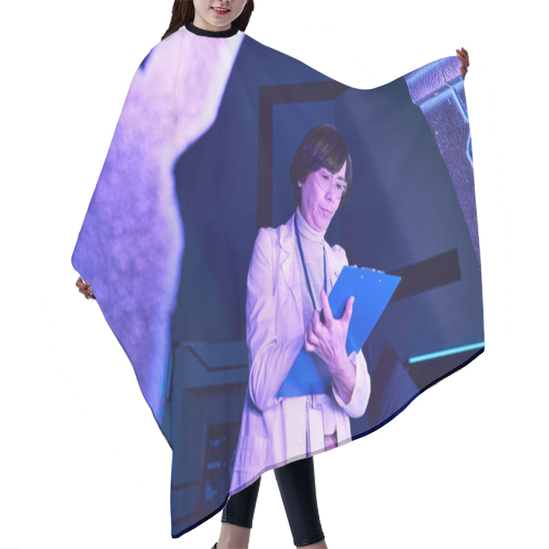 Personality  Futuristic Exploration, Woman Scientist Writing In Clipboard Near Experimental Equipment Hair Cutting Cape