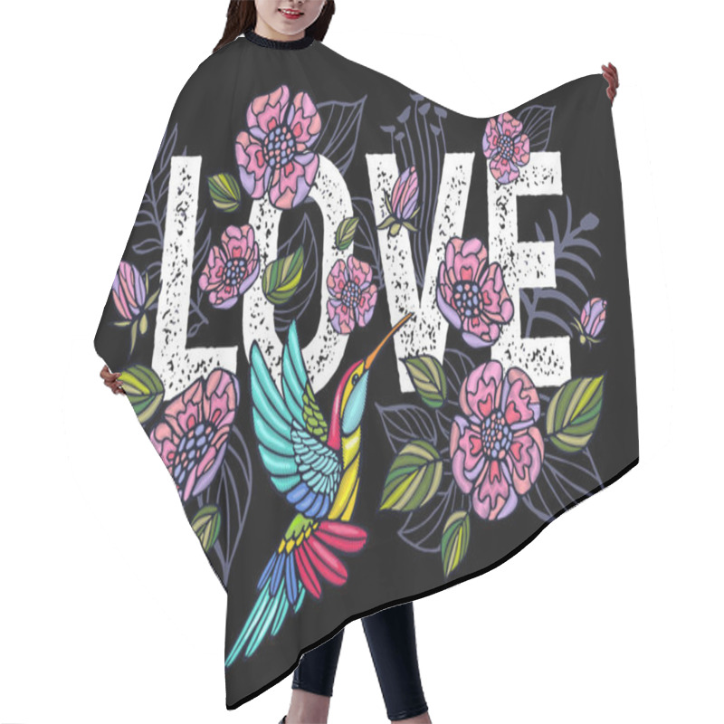 Personality  Embroidery Hummingbird, Love, Palm Tree Leaves, Flowers Tropical Art Patch. Fashionable Embroidery Tropical Summer Background. Template Design Clothes, T Shirt. Hand Drawn Vector. Hair Cutting Cape