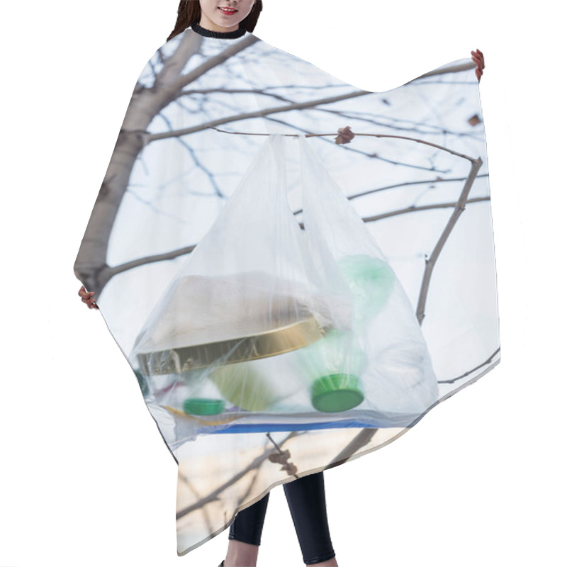 Personality  Cellophane Bag With Plastic Bottles And Tin On Tree, Ecology Concept Hair Cutting Cape