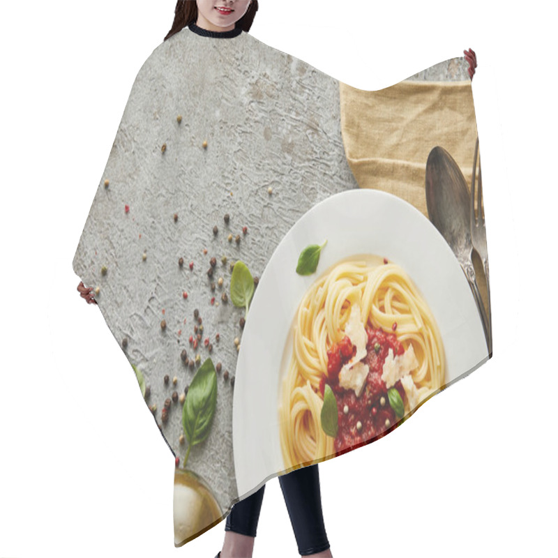 Personality  Top View Of Delicious Spaghetti With Tomato Sauce On Plate Near Basil Leaves And Cutlery On Grey Textured Surface Hair Cutting Cape