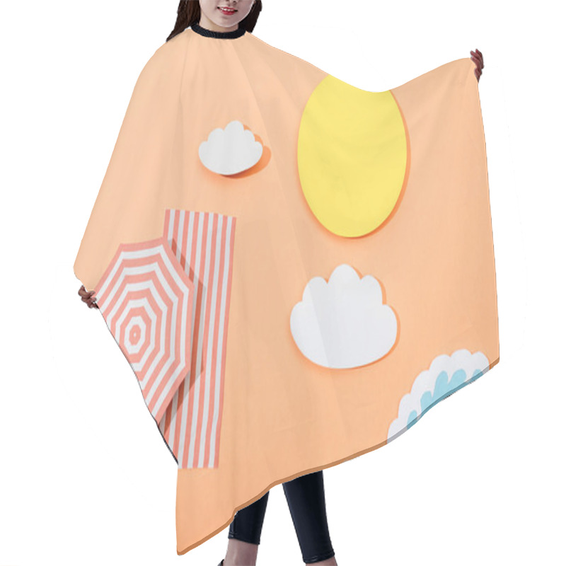 Personality  Top View Of Paper Cut Summer Beach With Umbrella And Blanket On Orange Background Hair Cutting Cape