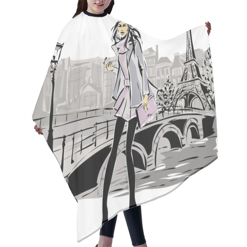 Personality  Fashion Models In Sketch Style Fall Winter With Paris City Background Hair Cutting Cape