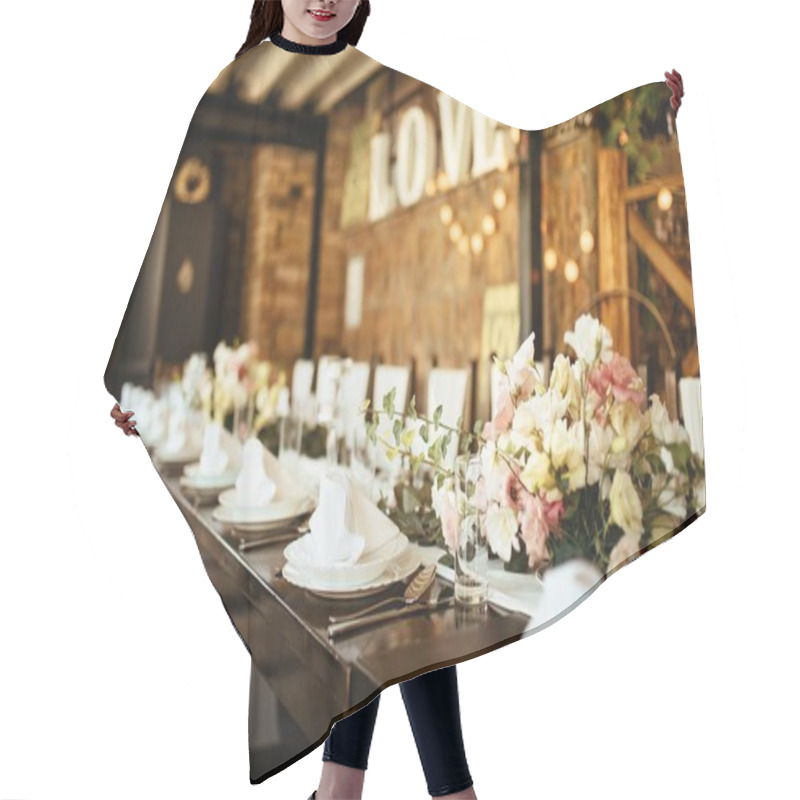 Personality  Dining Table Setting At Wedding Reception.  Hair Cutting Cape