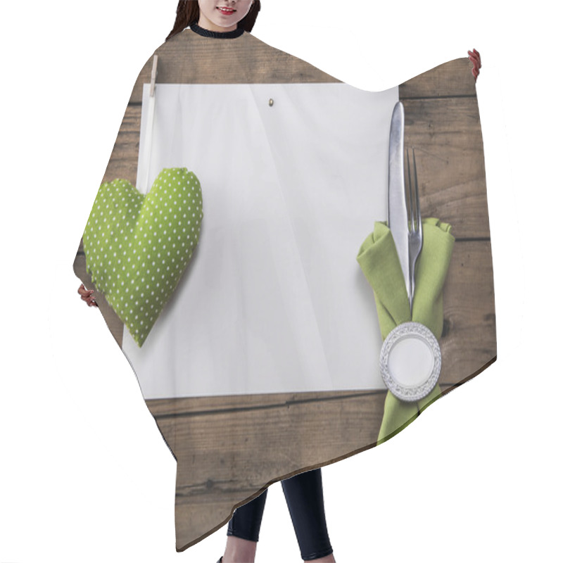 Personality  Menu Card With A Green Heart And White Polka Dots Plus Cutlery A Hair Cutting Cape