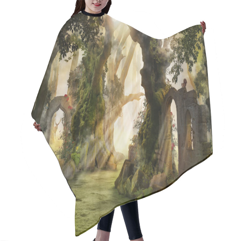 Personality  Into The Deep Woods, Atmospheric Landscape With Archway And Ancient Trees, Misty And Foggy Mood Hair Cutting Cape