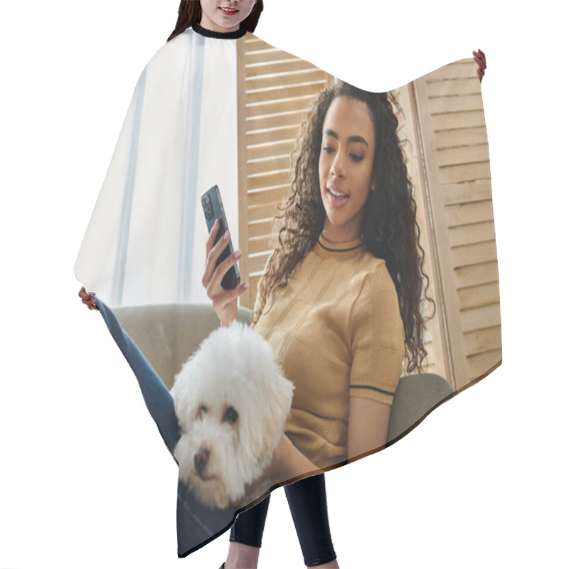 Personality  Woman Relaxes On Couch, Holding Fluffy White Dog And Checking Phone. Hair Cutting Cape