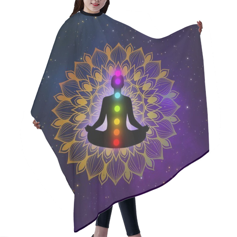 Personality  Abstract Meditation Man With Seven Chakras And Mandala In The Galaxy Illustration Design Background. Hair Cutting Cape