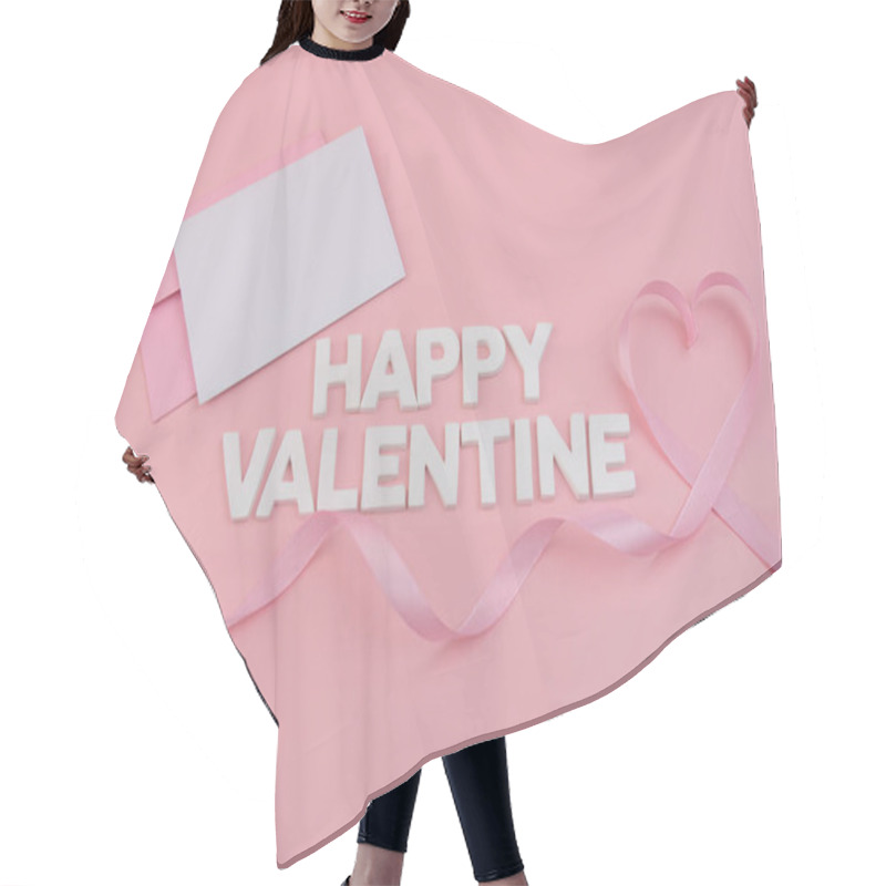 Personality  Happy Valentine Spelled Out With Letter Blocks A Pink Ribbon Forming A Heart And A Pink Envelope With A White Card Hair Cutting Cape