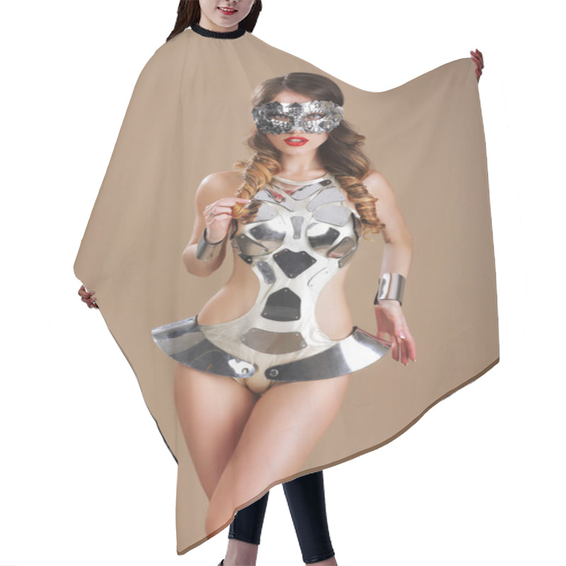 Personality  Fancy Dress Party. Woman In Futuristic Glasses And Creative Metallic Costume Hair Cutting Cape