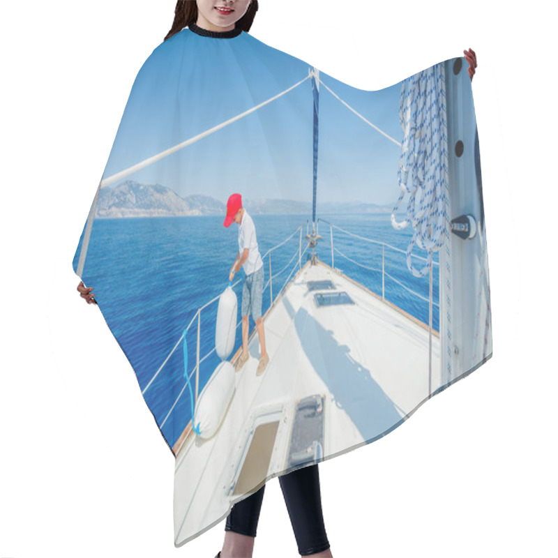 Personality  Little Boy On Board Of Sailing Yacht On Summer Cruise. Travel Adventure, Yachting With Child On Family Vacation. Hair Cutting Cape