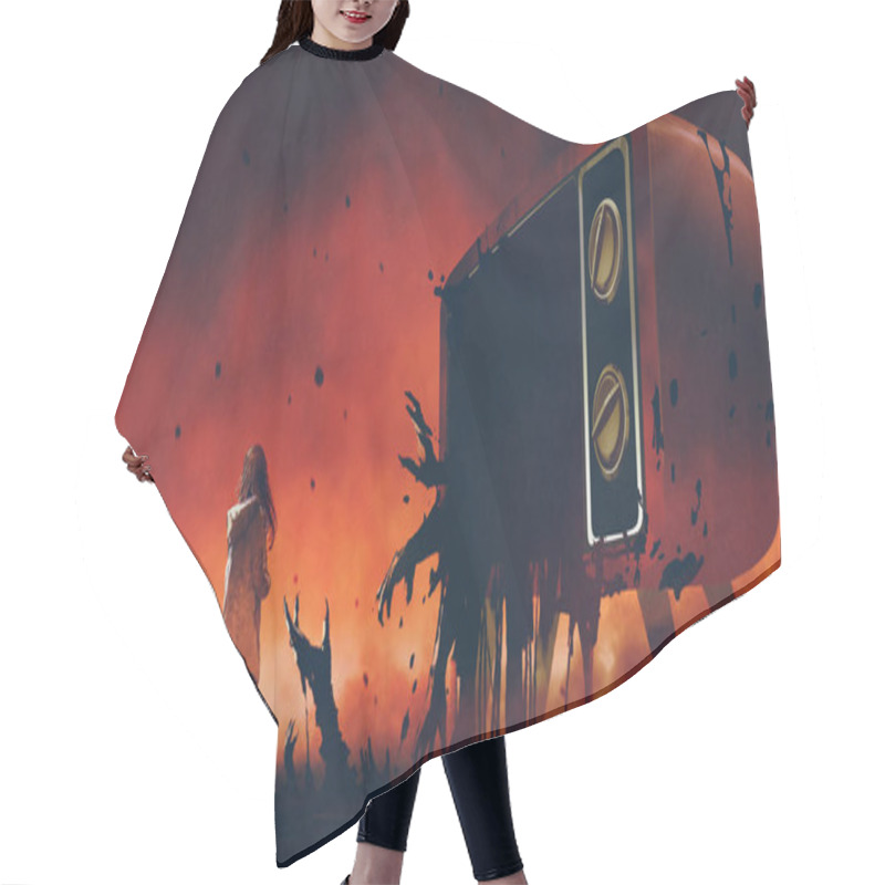 Personality  Young Woman Standing Among Evil Hands That Comes Out Of The Giant Television, Digital Art Style, Illustration Painting Hair Cutting Cape