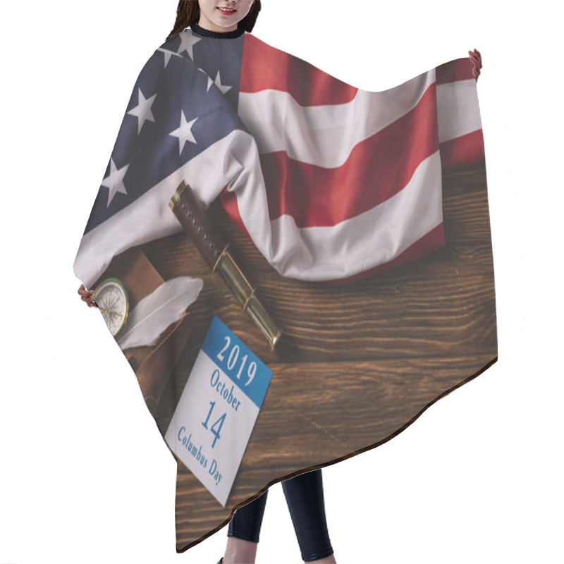 Personality  Top View Of Calendar With Columbus Day Inscription Near Leather Notebook, Nib, Telescope And Compass On Wooden Surface With American National Flag Hair Cutting Cape