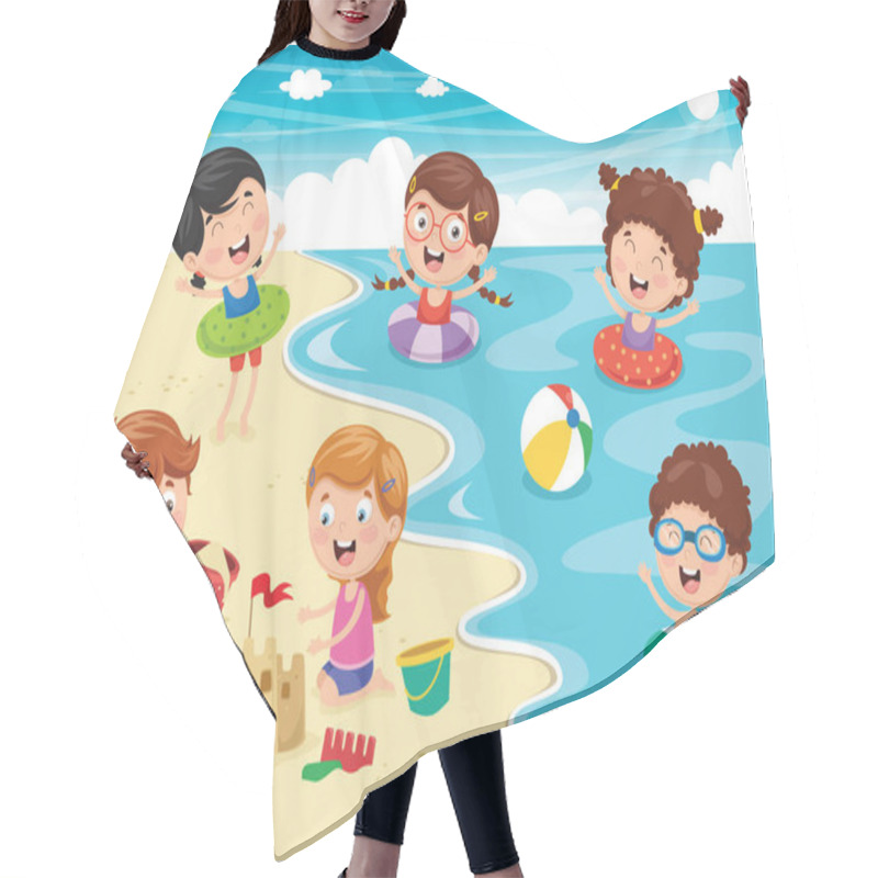 Personality  Vector Ilustration Of Kids Playing At Beach And Sea Hair Cutting Cape