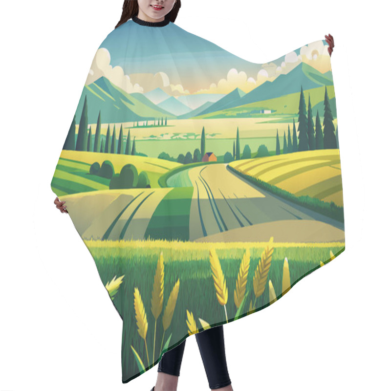 Personality  Illustration Of A View Of Stream Mountains Sky And Pine Forest Hair Cutting Cape