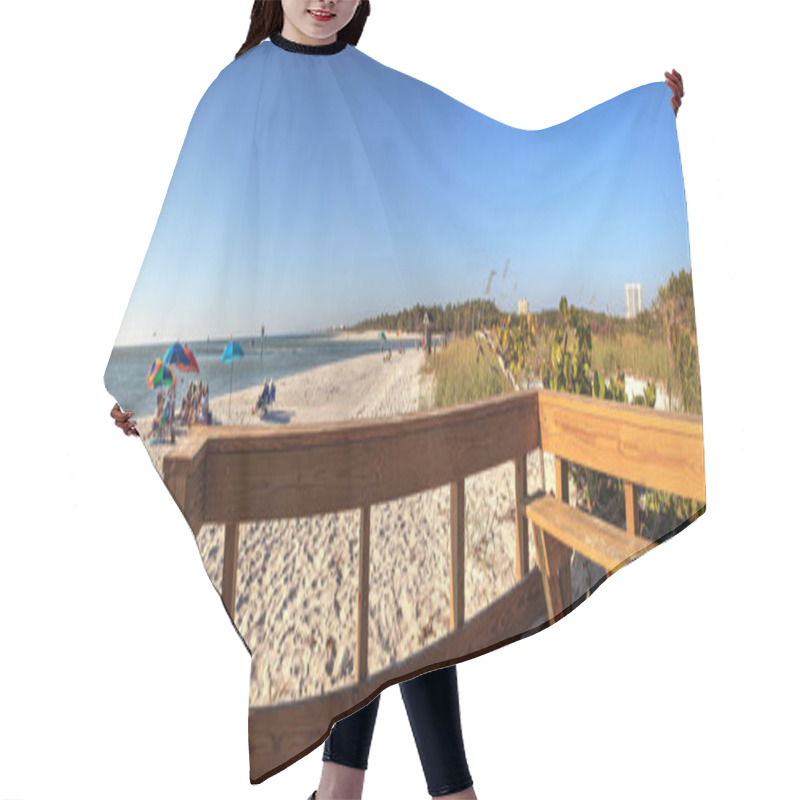 Personality  Wood Bench On The White Sand Beach Of Delnor-Wiggins Pass State Park With A Blue Sky Above In Naples, Florida. Hair Cutting Cape