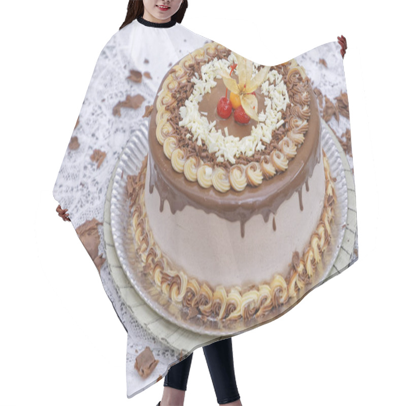 Personality  Cappuccino Chocolate Layer Cake With Mocha Frosting Decorated Cherries And Physalis  Hair Cutting Cape