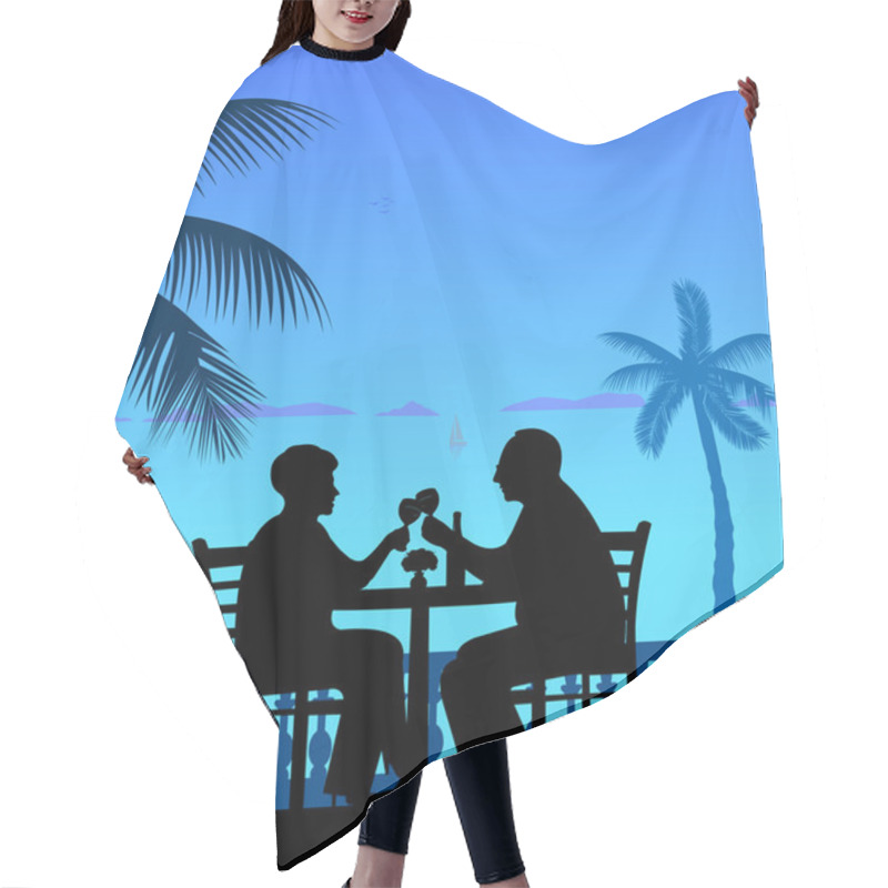 Personality  Lovely Retired Elderly Couple Drinking Wine On The Beach Under Palm Tree Hair Cutting Cape